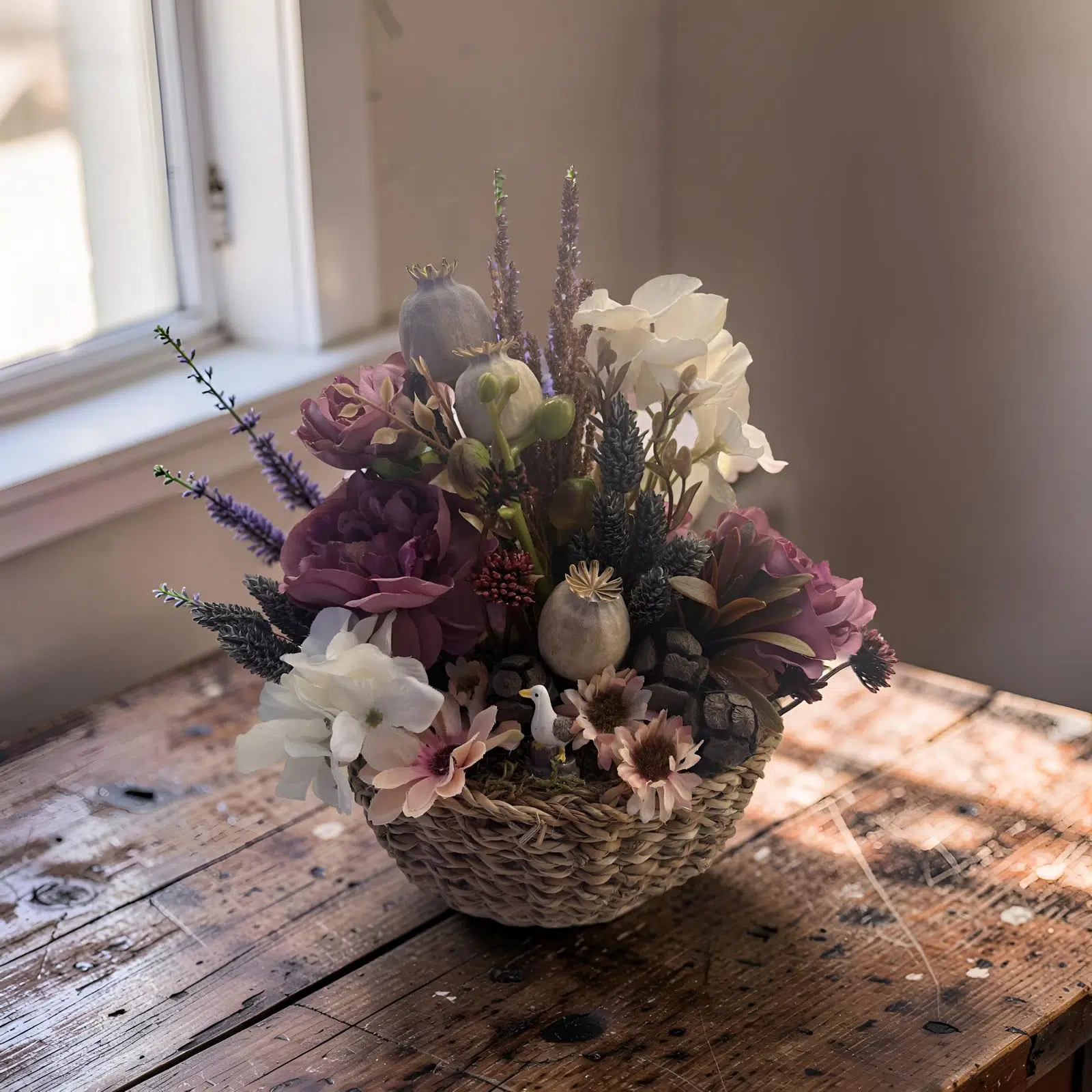 Sepet İçinde Yapay Çiçek Aranjmanı Dekoratif Masa Üstü Çiçek Hediyelik