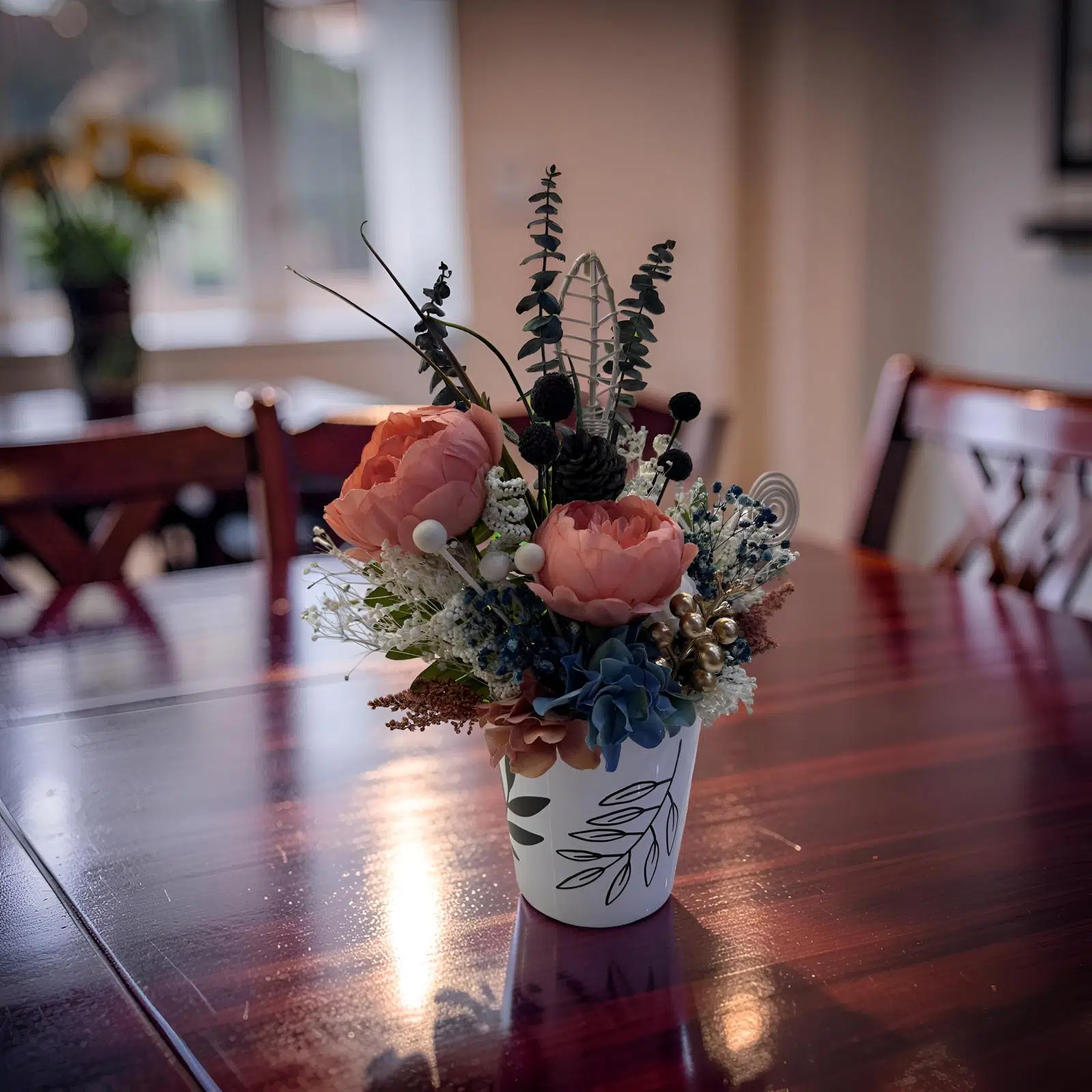 Dekoratif Masa Ortası Çiçeği Saksıda Yapay Çiçek Aranjmanı El Yapımı